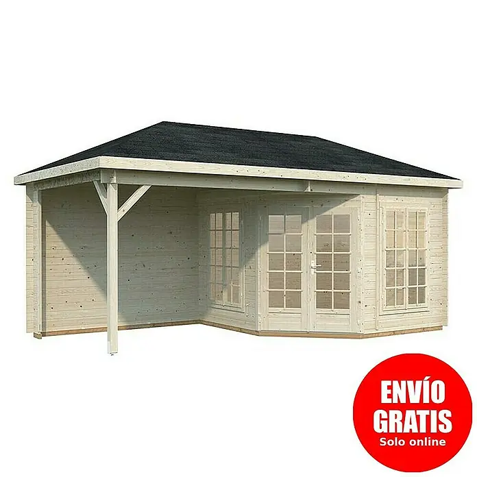 Palmako Caseta de jardín Melanie - Medidas ext. (An x Pr): 599 x 322 cm, Madera, Natural, 20 m² - Caseta de jardín de madera con porche cubierto y ventanas para un interior luminoso, ideal para relajarse en el jardín.