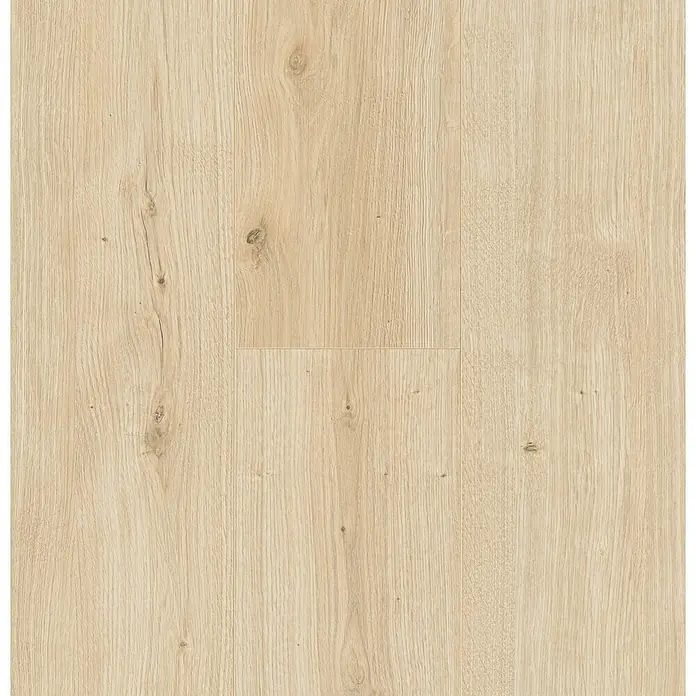 Parador Designbodenmuster Modular ONE Eiche Atmosphere geschliffen - 200 x 194 x 8 mm, Landhausdiele, Eiche Atmosphere geschliffen - Nahaufnahme von hellem Holzlaminatboden mit Maserung und Astlöchern, ideal für moderne Inneneinrichtung.