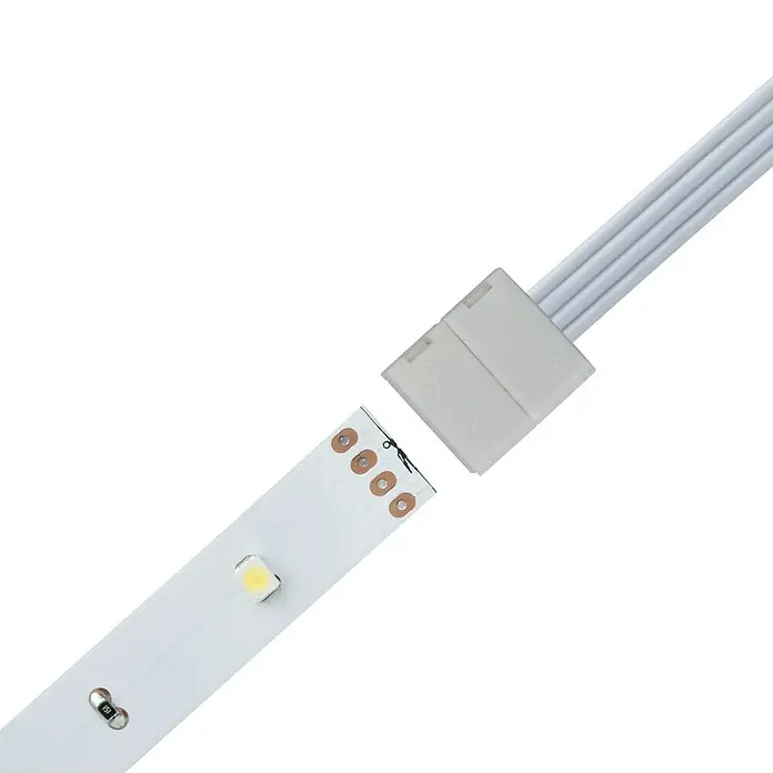 Paulmann Conector clip YourLED ECO - 50 cm - Primer plano de una tira de LED con conector y cables blancos, ideal para proyectos de iluminación con fácil conexión.
