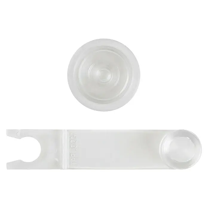 Walteco Türstopper - Kunststoff, B x L: 33 x 100 mm - Nahaufnahme eines transparenten Kunststoffverschlusses mit Gewinde und einem dazugehörigen Verschlussöffner für einfache Handhabung.