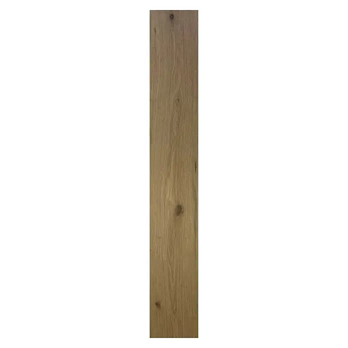 Suelo vinílico SPC Fuji - 1.220 x 182 x 7 mm, Marrón, Resistente al agua - Este primer plano muestra una pieza de madera clara con patrones de vetas y nudos visibles, que irradia una textura y calidez naturales.