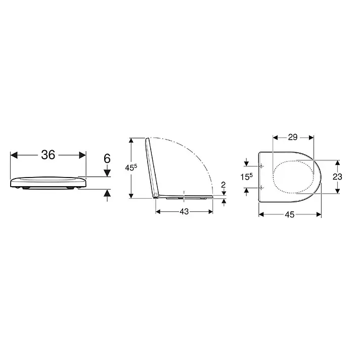 Geberit Renova Compact Wand-WC-Set - Spülrandlos, Ohne Spezialglasur, Spülform: Tief, WC Abgang: Waagerecht, Weiß - Abbildung der technischen Zeichnung eines Toilettensitzes mit verschiedenen Maßangaben.