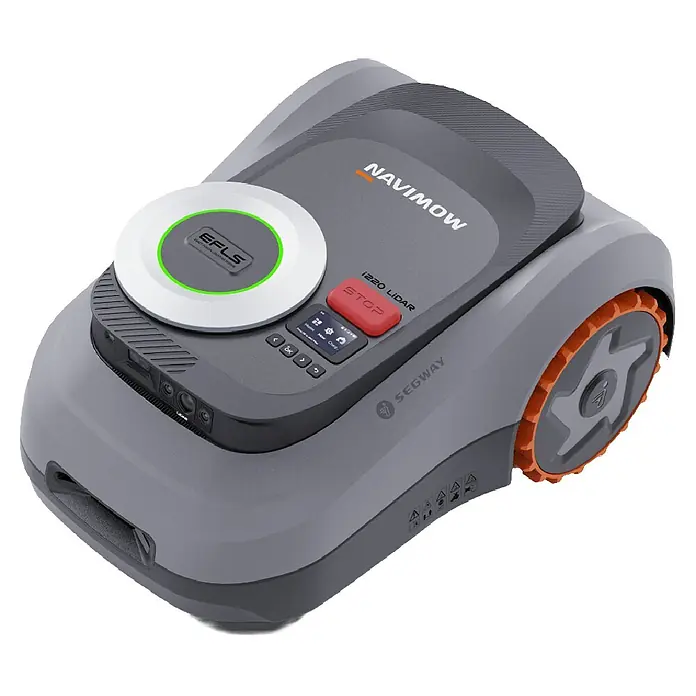 Segway Mähroboter Navimow I220E LiDAR - 2.000 m², Schnittbreite: 22 cm, Laser-gestützte Navigation, LiDAR - Nahaufnahme eines Navimow Mähroboters, der fortschrittliche Technologie für die Rasenpflege bietet.