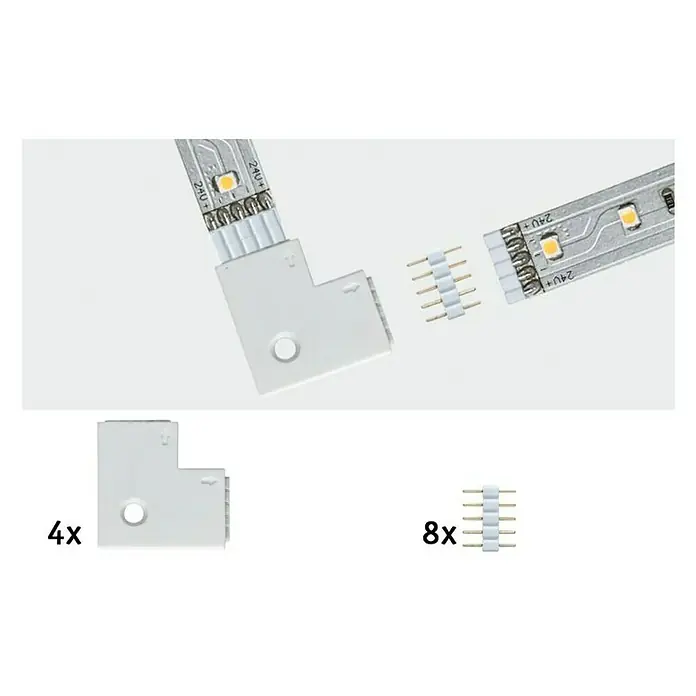 Paulmann MaxLED Eckverbinder Edge-Connector 90° - Kunststoff, L x B x H: 25 x 25 x 4,5 mm - Das Bild zeigt LED-Streifenverbinder, 4 Eckverbinder und 8 Stecker, für die einfache Verbindung und Installation von LED-Beleuchtungssystemen.