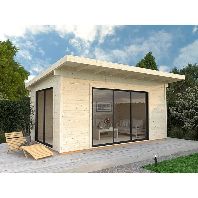 Palmako Caseta de jardín Grace - Medidas ext. (An x Pr): 544 x 393 cm, Madera, Natural - Moderna caseta de jardín con grandes fachadas de vidrio e interiores elegantes para relajarse al aire libre. Ambiente acogedor con muebles de salón y tumbona.