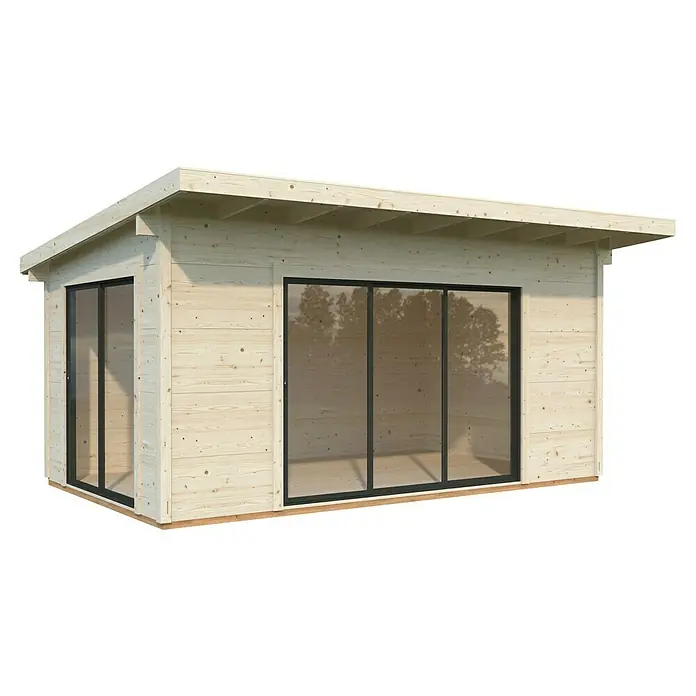 Palmako Caseta de jardín Grace - Medidas ext. (An x Pr): 544 x 393 cm, Madera, Natural - Una moderna caseta de jardín de madera con grandes fachadas de cristal, que dejan entrar mucha luz y ofrecen una buena vista del jardín.