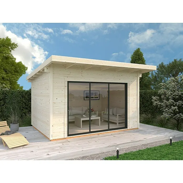 Palmako Caseta de jardín Grace - Medidas ext. (An x Pr): 443 x 393 cm, Madera, Natural - Moderna caseta de jardín de madera clara con gran fachada de cristal y terraza para relajarse al aire libre.