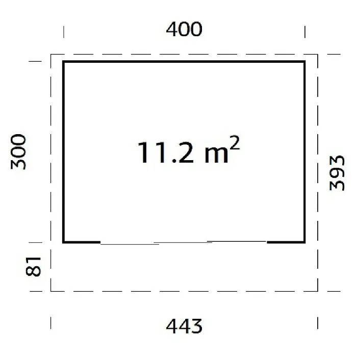 Palmako Caseta de jardín Grace - Medidas ext. (An x Pr): 443 x 393 cm, Madera, Natural - Bosquejo de una habitación rectangular con dimensiones y una superficie de 11,2 m², perfecto para la planificación de la construcción y el diseño de interiores.