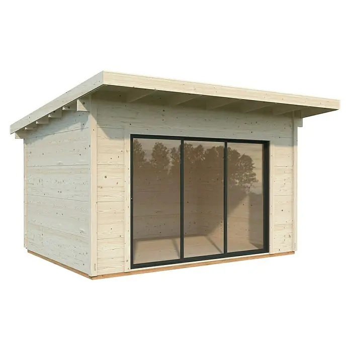 Palmako Caseta de jardín Grace - Medidas ext. (An x Pr): 443 x 393 cm, Madera, Natural - Una caseta de jardín moderna con grandes superficies de vidrio y revestimiento de madera. La caseta de jardín ofrece mucha luz natural.