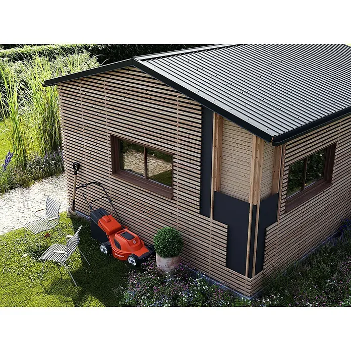 Probau Dachbahn - Max. Anwendungsfläche: 37,5 m², 25 x 1,5 m, Polypropylen-Spinnvlies - Ein Gartenhaus mit Holzverkleidung, einem schwarzen Dach und einem roten Rasenmäher im Garten.