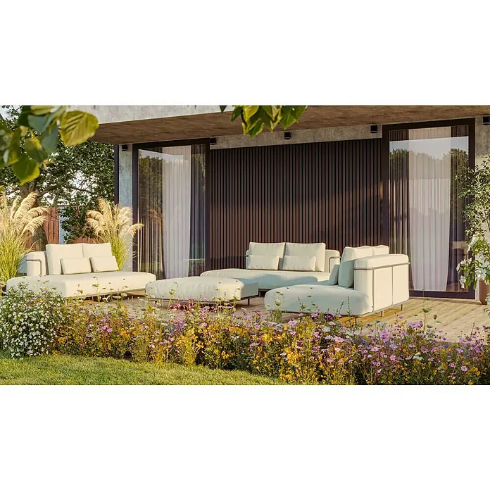 Wandpaneel Outdoor - Dark Brown, WPC, 2.350 x 219 x 26 mm - Elegante Gartenmöbelgarnitur auf einer Terrasse, umgeben von Blumen. Die Möbel sind cremefarben und modern gestaltet, perfekt für entspannte Stunden im Freien.