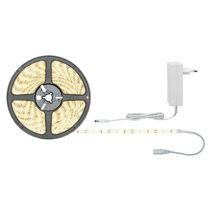 Paulmann LED-Band SimpLED - Länge: 7,5 m, Lichtfarbe: Warmweiß, 20 W - LED-Streifen auf einer Rolle mit Netzteil und Anschlusskabel. Das LED-Band ist auf einer Rolle aufgewickelt und wird mit Zubehör geliefert.
