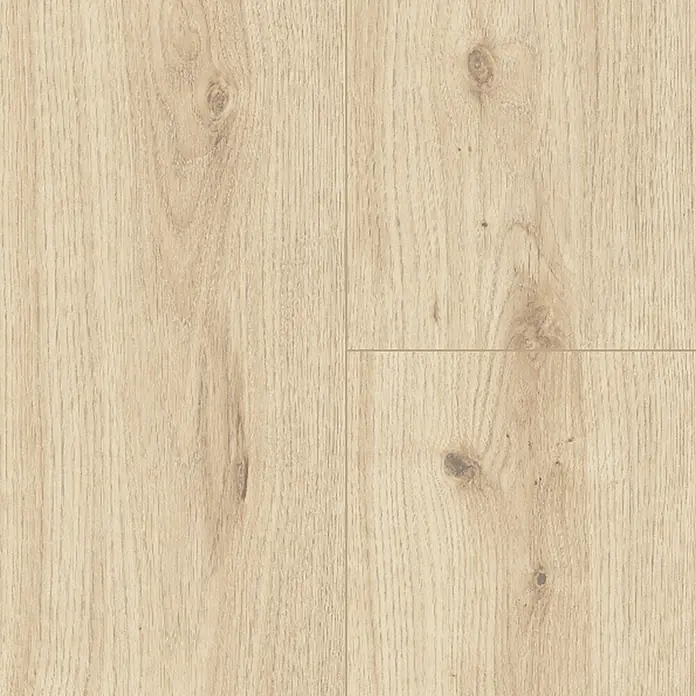 Parador Designbodenmuster Modular ONE Eiche Atmosphere geschliffen 2 - 200 x 194 x 8 mm, Landhausdiele, Eiche Atmosphere geschliffen - Nahaufnahme von hellem Laminatboden mit Holzmaserung und Astlöchern.