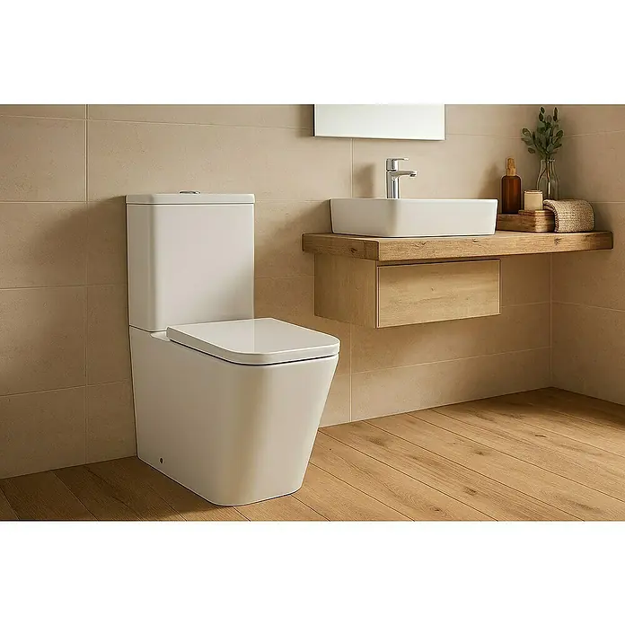 Pack de WC Liena - Sin borde de descarga, Salida WC: Horizontal, Blanco - Un inodoro moderno con un diseño angular se presenta en un baño con suelos de madera y azulejos beige. El lavabo tiene un diseño sencillo.