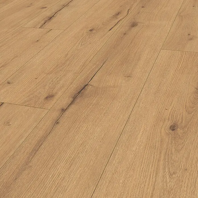 Parador Designbodenmuster Modular ONE Eiche Helios natur - 200 x 194 x 8 mm, Landhausdiele, Eiche Helios natur 1 - Detailaufnahme von hellem Laminatboden in Holzoptik mit sichtbarer Maserung und Astlöchern, ideal für moderne Innenräume.