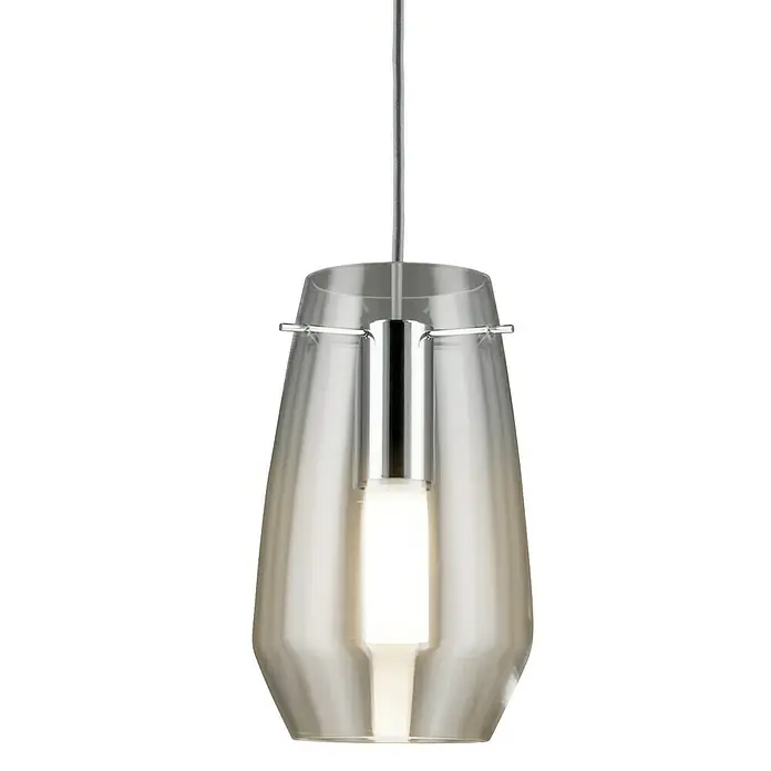 Paulmann URail 2Easy Lampenschirm Vento - Durchmesser: 17 cm, Transparent, Glas, Rund - Nahaufnahme einer modernen Pendelleuchte mit einem transparenten Glasschirm und einem eleganten Chrom-Finish, die ein warmes Licht ausstrahlt.