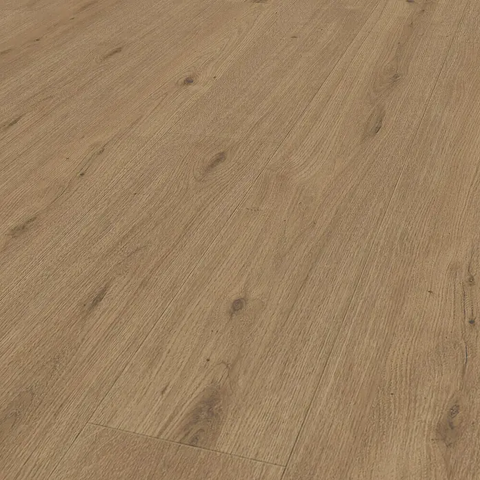 Parador Designbodenmuster Modular ONE Eiche Atmosphere umbra - 200 x 194 x 8 mm, Landhausdiele - Nahaufnahme eines Laminatbodens in natürlicher Holzoptik mit feiner Maserung und warmen Farbtönen. Die Oberfläche wirkt realistisch und einladend.
