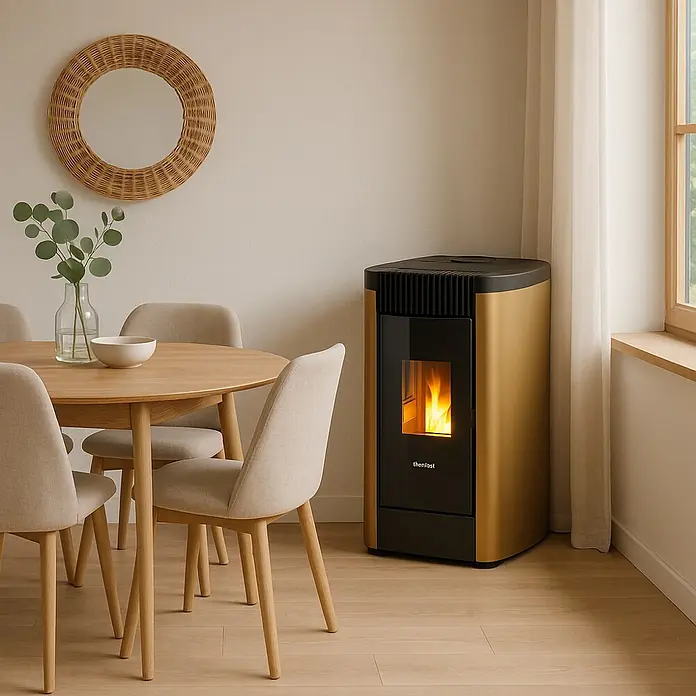 FreePoint Estufa de pellets Steel Wifi canalizable - 8,5 kW, Volumen de calefacción: 70 m³ - 238 m³, Dorada - Una estufa de pellets dorada de Thenelst se encuentra en una habitación luminosa junto a una mesa de comedor con sillas. Un espejo redondo cuelga de la pared.