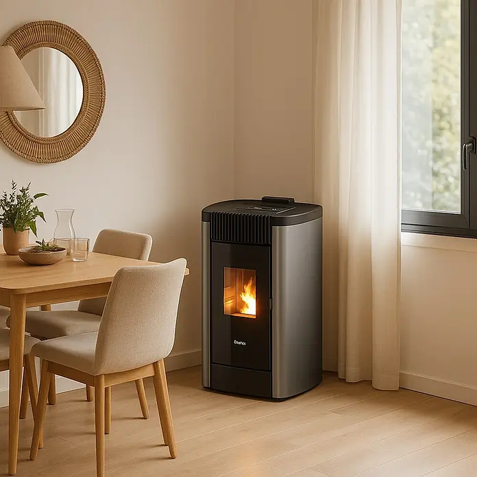 FreePoint Estufa de pellets Steel Wifi canalizable - 8,5 kW, Volumen de calefacción: 70 m³ - 238 m³, Titanium - Primer plano de una estufa de pellets Enahhts en un comedor acogedor con mesa de madera, sillas y decoración natural.