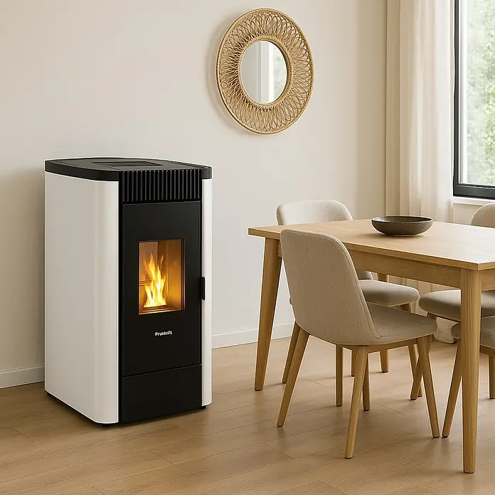 FreePoint Estufa de pellets Steel Wifi canalizable - 8,5 kW, Volumen de calefacción: 70 m³ - 238 m³, Blanco - Estufa de pellets elegante en blanco y negro. Está situada al lado de una mesa de comedor con sillas y un espejo redondo en la pared.