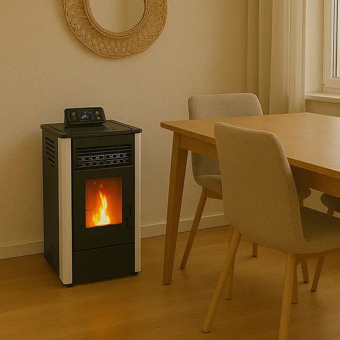 Estufa de pellets King - 9,4 kW, Volumen de calefacción: 180 m³, 0,56 kg/h - 2,02 kg/h, Blanco/Antracita - Una estufa de pellets está al lado de una mesa de madera con sillas, un espejo cuelga de la pared. La estufa aporta calidez y confort.