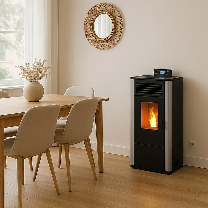 Estufa de pellets canalizable Elite - 10,3 kW, Volumen de calefacción: 240 m³, Blanco/Antracita - Estufa de pellets con control digital en un comedor luminoso, combinando calidez con tecnología moderna.