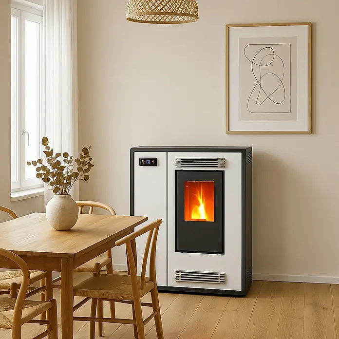 Estufa de pellets Pasillo - 7,2 kW - 8 kW, Volumen de calefacción: 240 m³, Blanco/Antracita - Una estufa de pellets moderna en blanco y negro se encuentra junto a una mesa de madera y una pintura abstracta, creando un ambiente acogedor.