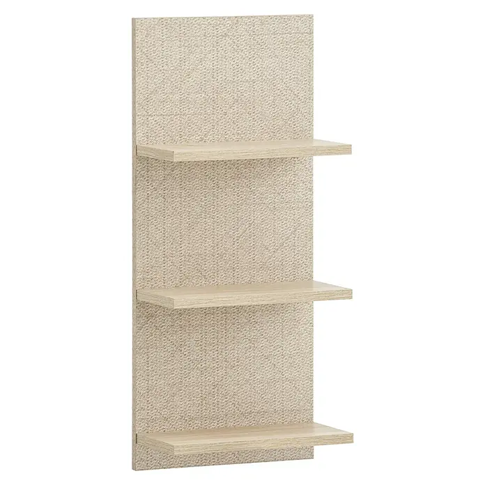 Schildmeyer Sander Badregal - L x B x H: 17,5 x 30,3 x 70,2 cm, Weißeiche/Canasta - Abbildung eines Wandregals mit drei Regalböden und einer strukturierten Rückwand, ideal zur Aufbewahrung und Präsentation von Gegenständen.