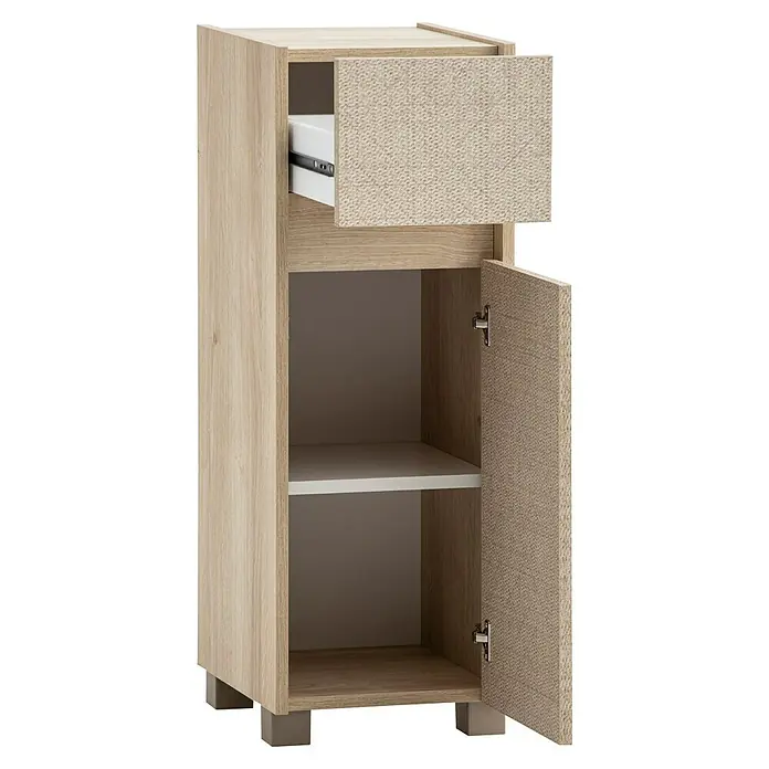 Schildmeyer Sander Midischrank - B x T x H: 30 x 33 x 85 cm, Weißeiche/Canasta, Matt - Aufnahme eines Holzschranks mit offener Schublade und Tür, der Funktionalität und Stil in der Wohnung bietet.