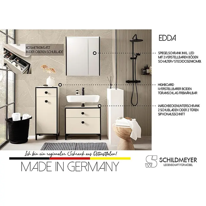 Schildmeyer Edda LED-Spiegelschrank - B x H: 63,5 x 72,4 cm, Beige/Schwarz - Badezimmer-Set EDDA mit Waschtischunterschrank, Hochschrank, Spiegelschrank und Dusche.