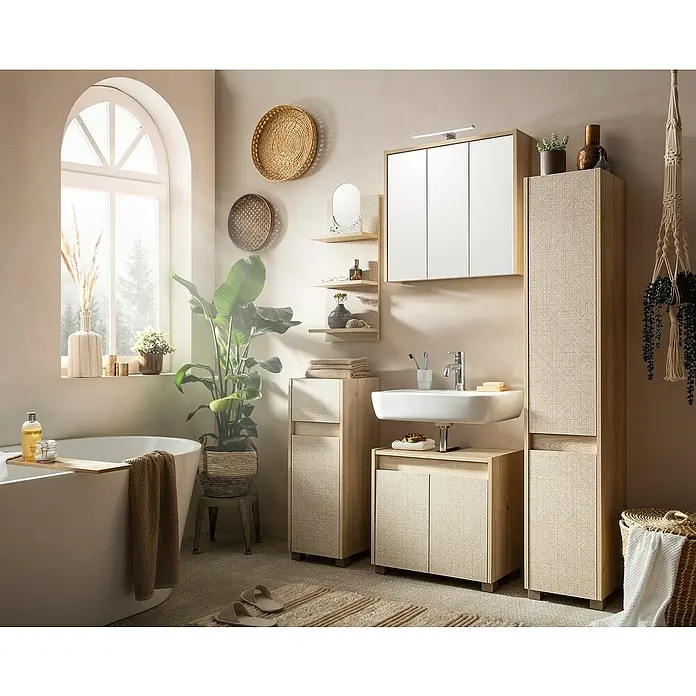 Schildmeyer Sander Midischrank - B x T x H: 30 x 33 x 85 cm, Weißeiche/Canasta, Matt - Elegantes Badezimmer-Interieur mit Waschtisch, Spiegelschrank und Hochschrank in hellem Holzdekor für eine harmonische Atmosphäre.