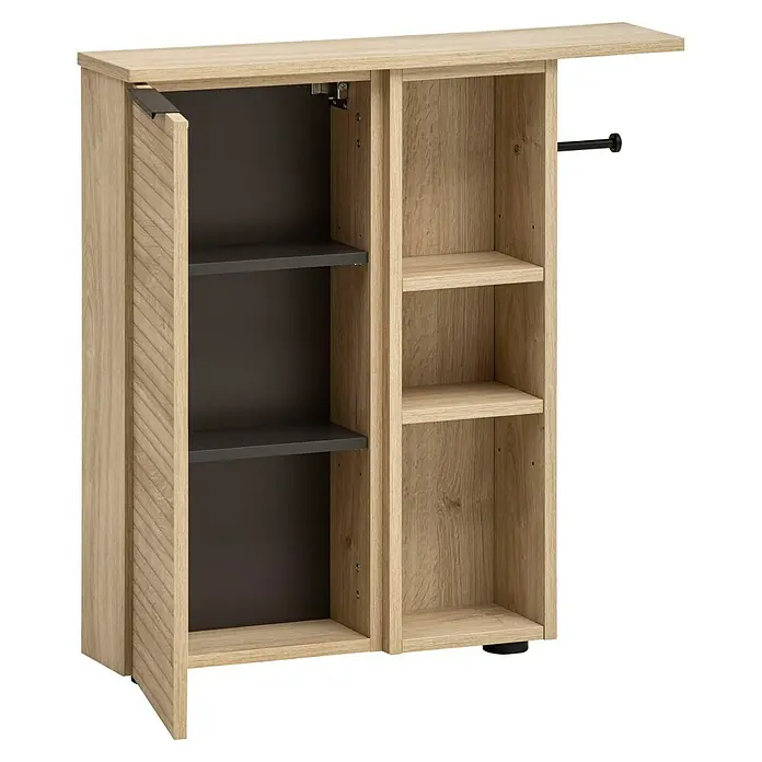 Schildmeyer Mads Midischrank - B x T x H: 70,7 x 17 x 74 cm, Weißeeiche, Matt - Das Bild zeigt einen hellen Holzschrank mit einer offenen Tür und Regalen. Das Möbelstück bietet Stauraum und eine moderne Optik.