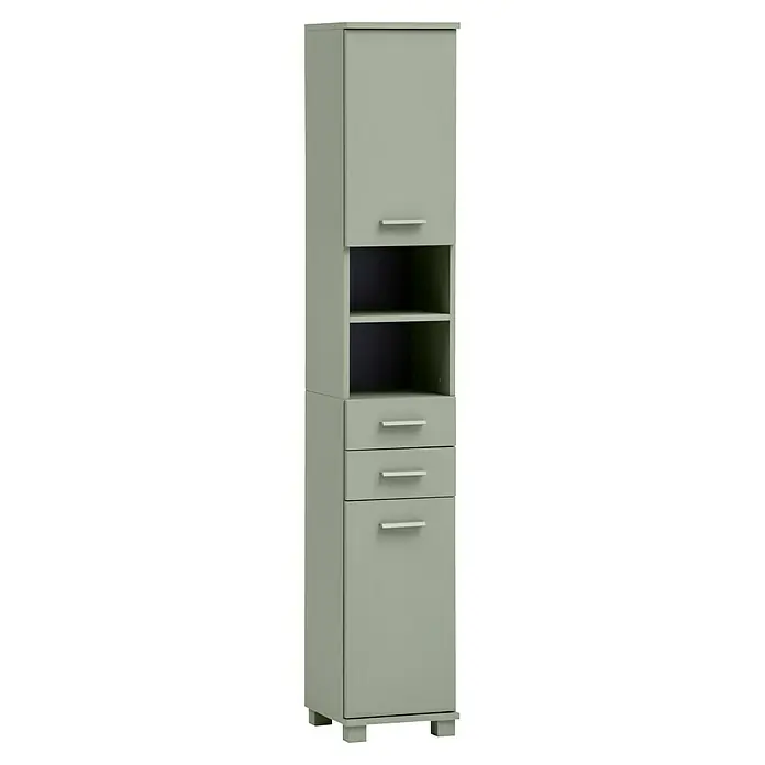 Schildmeyer Mono Hochschrank - B x T x H: 30 x 32,6 x 181 cm, Pistazie, Matt - Auf dem Bild ist ein Badezimmerschrank mit einer Tür, Regalen und drei Schubladen zu sehen, der eine praktische und stilvolle Aufbewahrungslösung bietet.