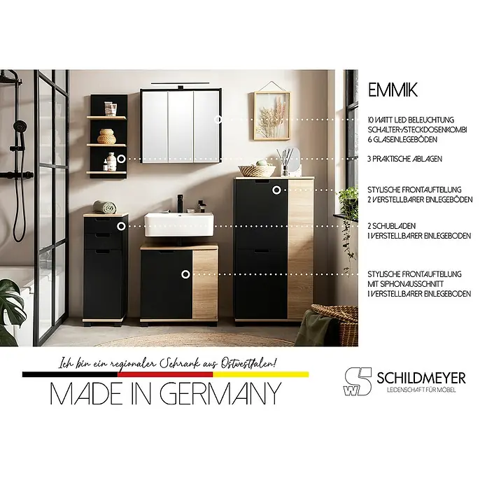 Schildmeyer Emmi Badregal - L x B x H: 17,5 x 30,3 x 70,2 cm, Weißeiche/Schwarz - Das stilvolle Badezimmermöbel-Set "EMMIK" in Schwarz und Holzoptik mit LED-Beleuchtung, Spiegel und praktischem Stauraum.