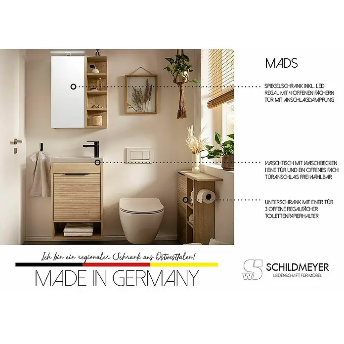 Schildmeyer Mads LED-Spiegelschrank - B x H: 50 x 75 cm, Weißeiche - Badezimmerset "MADS" in Holzoptik mit Spiegelschrank, Waschbeckenunterschrank und zusätzlichem Unterschrank für mehr Stauraum im Bad.