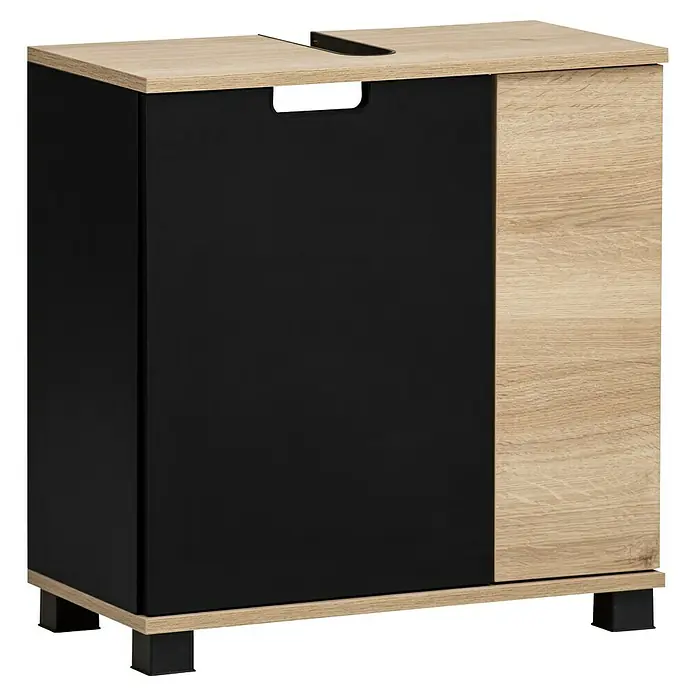 Schildmeyer Emmi Waschtischunterschrank - B x T x H: 60 x 32,6 x 62,4 cm, Schwarz/Eiche, Matt - Moderner Waschtischunterschrank in Schwarz und Holzoptik. Das Möbelstück bietet Stauraum und passt gut in moderne Badezimmer.