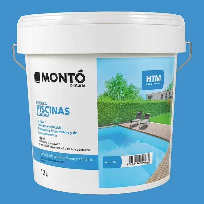 Montó Pintura para piscinas al agua HTM - Azul, 12 l, Mate sedoso - Cubo de pintura blanco con la inscripción "Montó Pinturas Piscinas Acrílica", una pintura para piscinas de alta calidad.