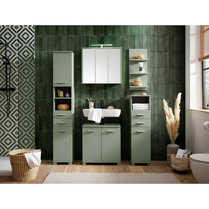Schildmeyer Mono Highboard - B x T x H: 30 x 32,6 x 110,5 cm, Pistazie, Matt - Ein stilvolles Badezimmerensemble in sanftem Grün mit passenden Schränken, Spiegel und Regalen für ein harmonisches Ambiente.