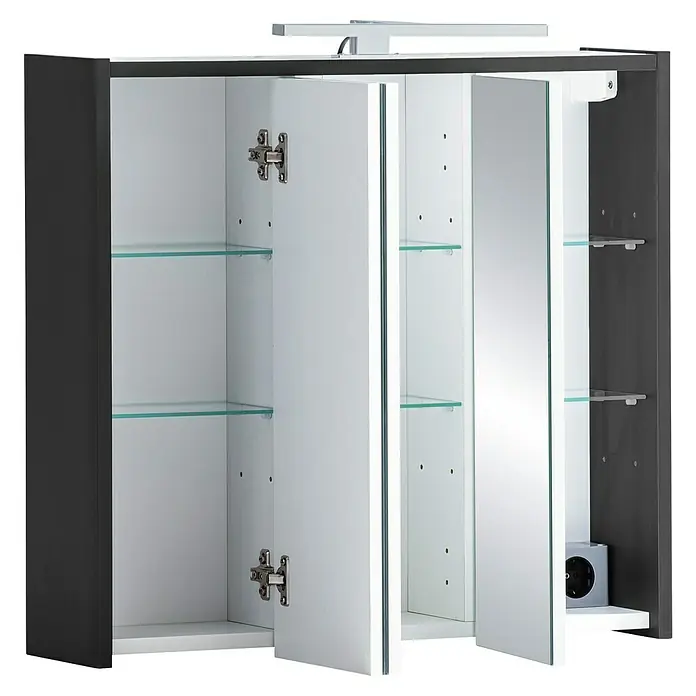 Schildmeyer Sander LED-Spiegelschrank - B x H: 65 x 62,7 cm, Anthrazit - Ein offener Spiegelschrank mit Glasböden und einer integrierten Beleuchtung präsentiert seine praktischen Ablageflächen.