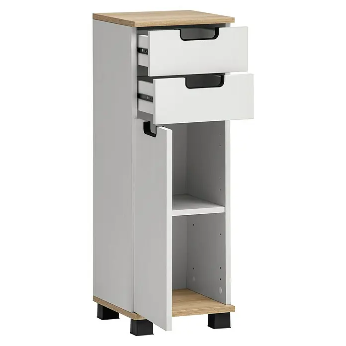 Schildmeyer Emmi Midischrank - B x T x H: 30 x 32,6 x 88 cm, Weiß/Eiche, Matt - Das moderne Sideboard in Weiß und Holzoptik bietet mit Schubladen und offenem Fach viel Stauraum. Ideal für Büro und Wohnraum.