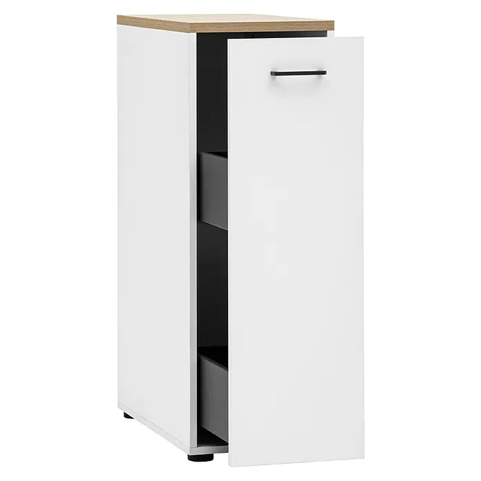 Schildmeyer Solea Apotheker-Hochschrank - Weiß/Eiche, B x H: 32,5 x 95,8 cm - Produktansicht eines weißen Unterschranks mit Schubladen und einer hellen Holzplatte. Moderne Möbel für Küche oder Bad.