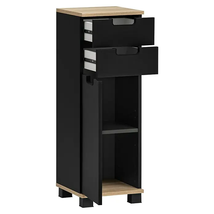 Schildmeyer Emmi Midischrank - B x T x H: 30 x 32,6 x 88 cm, Schwarz/Eiche, Matt - Modernes, schwarzes Sideboard mit zwei Schubladen und offenem Fach, ideal für zusätzlichen Stauraum im Wohnbereich.