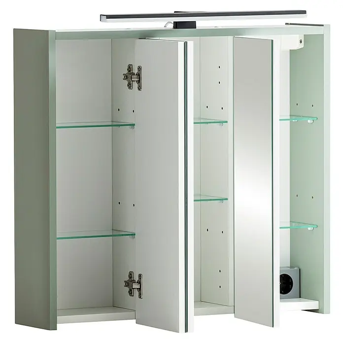 Schildmeyer Mono LED-Spiegelschrank - B x H: 65 x 62,7 cm, Pistazie - Ein offener weißer Spiegelschrank mit Glasregalen und einer Leuchte oben bietet viel Stauraum im Badezimmer.