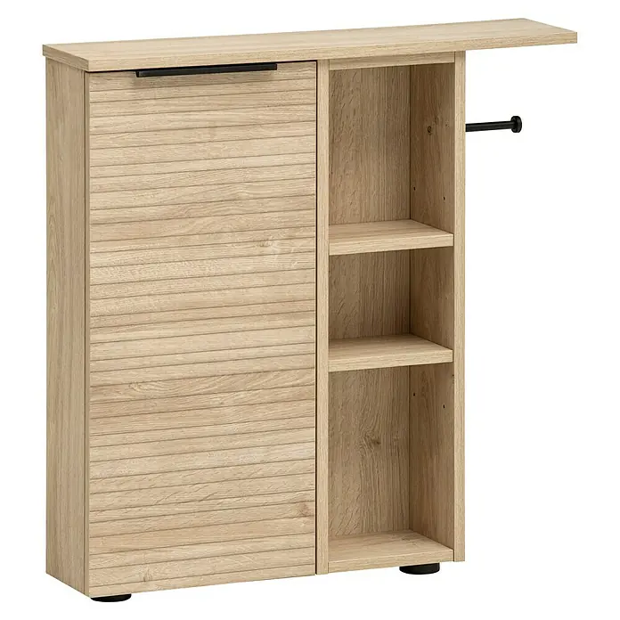 Schildmeyer Mads Midischrank - B x T x H: 70,7 x 17 x 74 cm, Weißeeiche, Matt - Ein modernes Schuhschrank-Design mit einer Tür und offenen Regalen in einer hellen Holzoptik, ideal für die stilvolle Aufbewahrung.