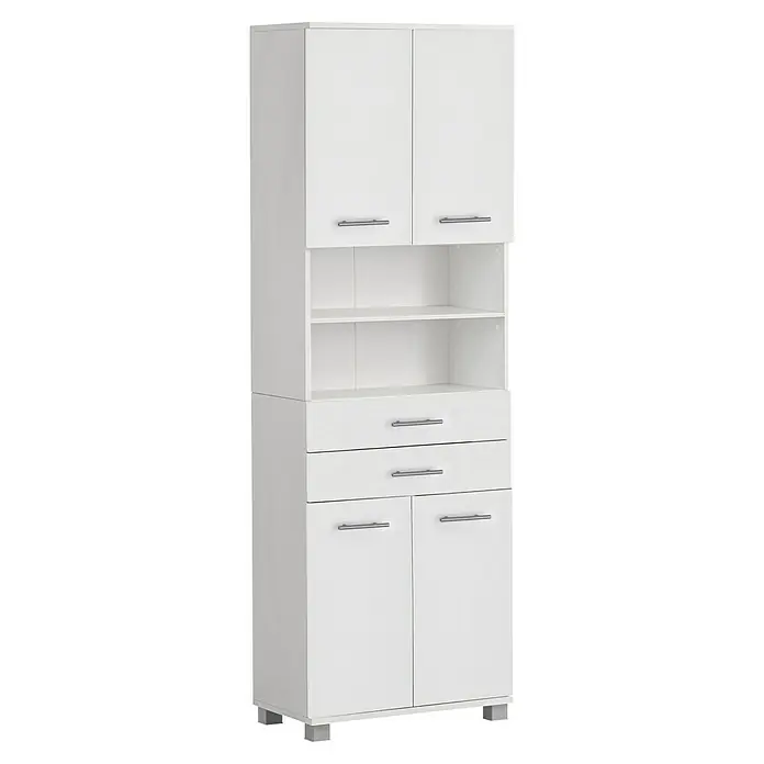 Schildmeyer Emmi Hochschrank - B x T x H: 60 x 32,6 x 181 cm, Weiß, Matt - Weißer Hochschrank mit Schubladen und Regalen, ideal für Küche oder Bad. Praktische Aufbewahrungslösung mit modernem Design.