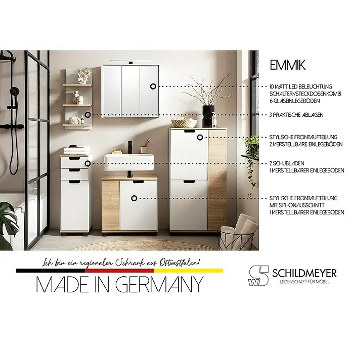 Schildmeyer Emmi Highboard - B x T x H: 60 x 32,6 x 117 cm, Weiß/Eiche, Matt - Das Badezimmermöbel-Set "Emmik" mit LED-Beleuchtung, Schubladen und praktischen Ablagen bietet stilvollen Stauraum und Ordnung im Bad.