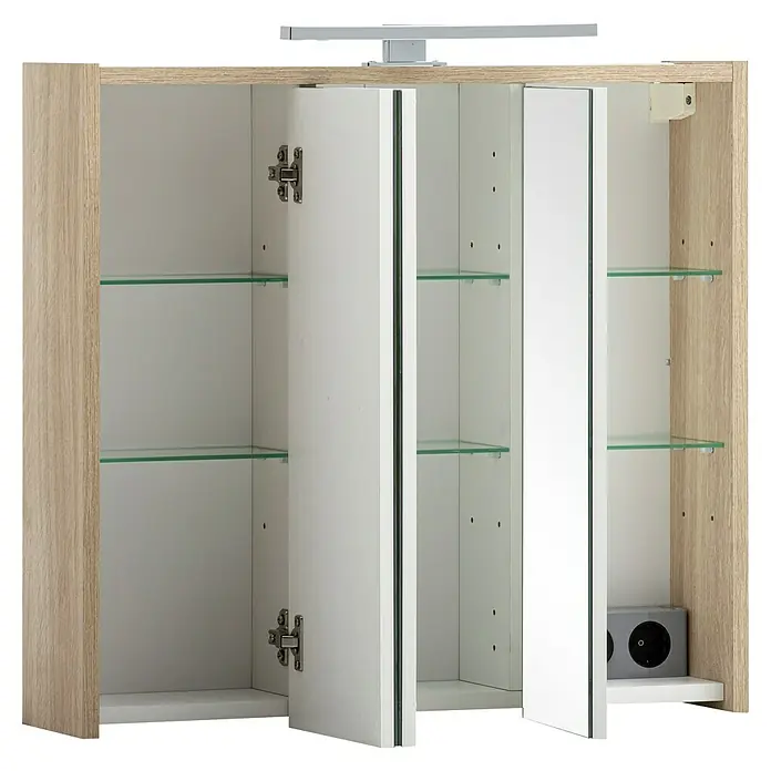 Schildmeyer Sander LED-Spiegelschrank - B x H: 65 x 62,7 cm, Weißeiche - Ein beleuchteter Spiegelschrank mit Holzrahmen, geöffneten Türen und Glasböden bietet praktischen Stauraum.