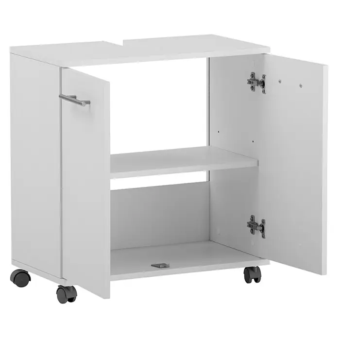 Schildmeyer Emmi Waschtischunterschrank - B x T x H: 60 x 32,6 x 63,4 cm, Weiß, Matt - Weißer Büroschrank mit Rollen und offenen Türen mit zwei Regalböden. Ideal für Bürobedarf und Akten.