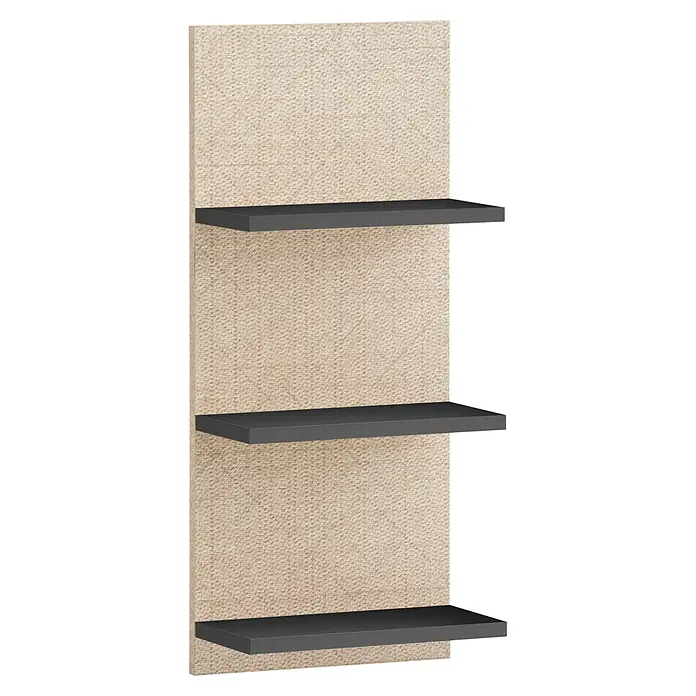 Schildmeyer Sander Badregal - L x B x H: 17,5 x 30,3 x 70,2 cm, Anthrazit/Canasta - Nahaufnahme eines Regals mit drei grauen Ablagen vor einer beigen Wand.