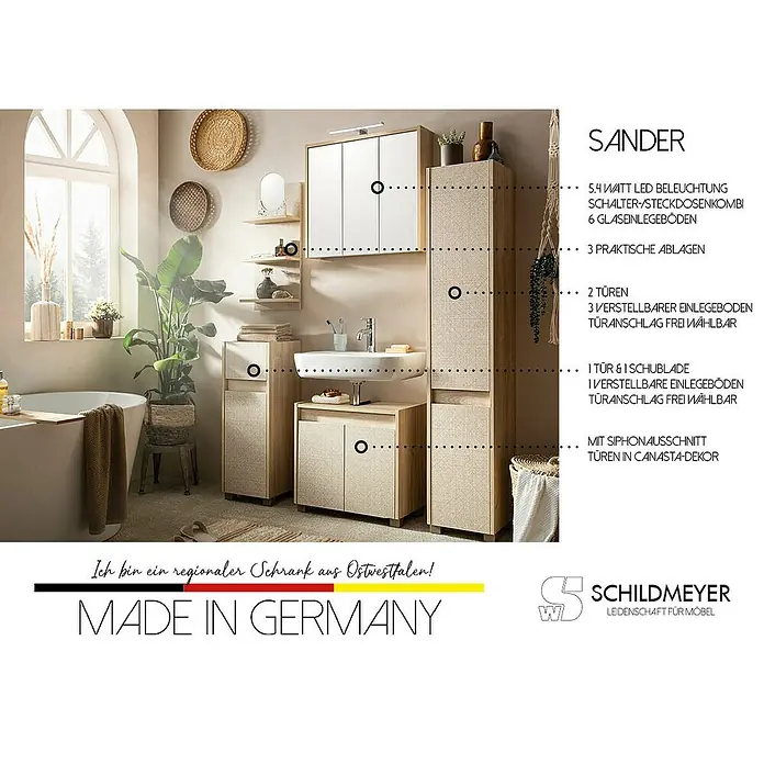 Schildmeyer Sander Midischrank - B x T x H: 30 x 33 x 85 cm, Weißeiche/Canasta, Matt - Das Badezimmer-Möbelset Sander in heller Holzoptik mit weißen Elementen und Canasta-Dekor bietet viel Stauraum und Ablagefläche.